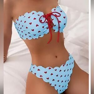 Women’s Light Blue Heart Print Scalloped Bikini with Red Tie